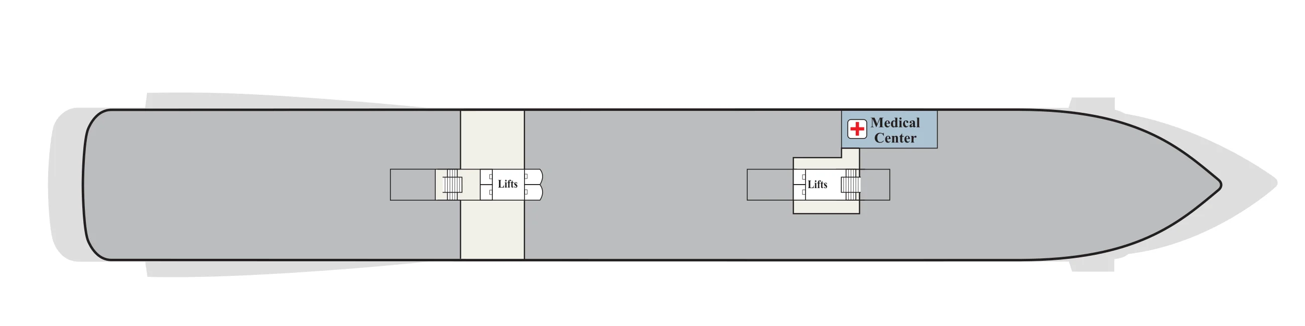 Deck A plan of Viking's 930-guest ships, showing the Medical Center forward