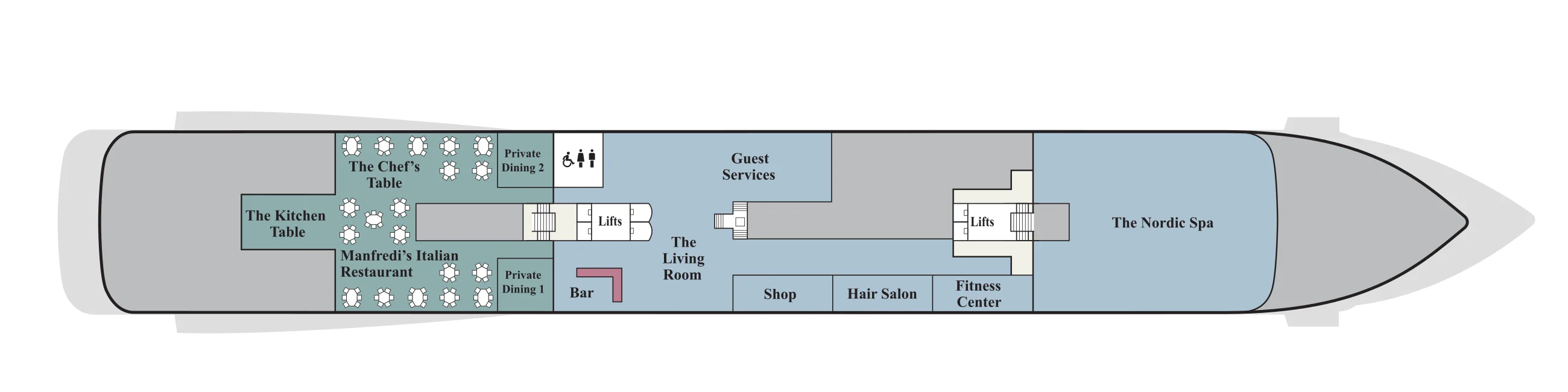 Deck 1 plan of Viking's 930-guest ships, showing The Kitchen Table, The Chef's Table and Manfredi's Italian Restaurant aft, The Living Room, bar, Guest Services, shop, hair salon and fitness center midship, and The Nordic Spa forward
