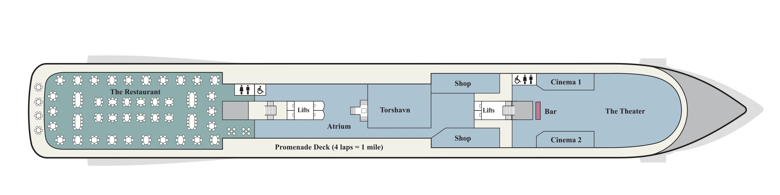 Deck 2 plan of Viking's 930-guest ships, showing The Restaurant aft, the Atrium and Torshavn midship, two shops, The Theater with Cinema 1 and Cinema 2 forward, and the Promenade Deck