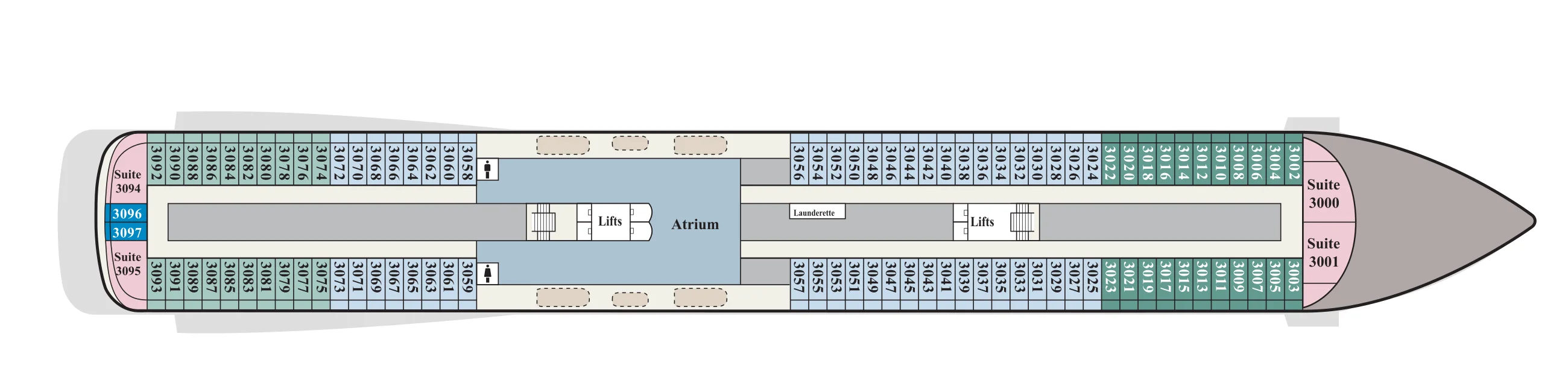 Deck 3 plan of Viking's 930-guest ships, showing staterooms 3000 to 3097 with suites at the bow and stern, the Atrium midship and a launderette