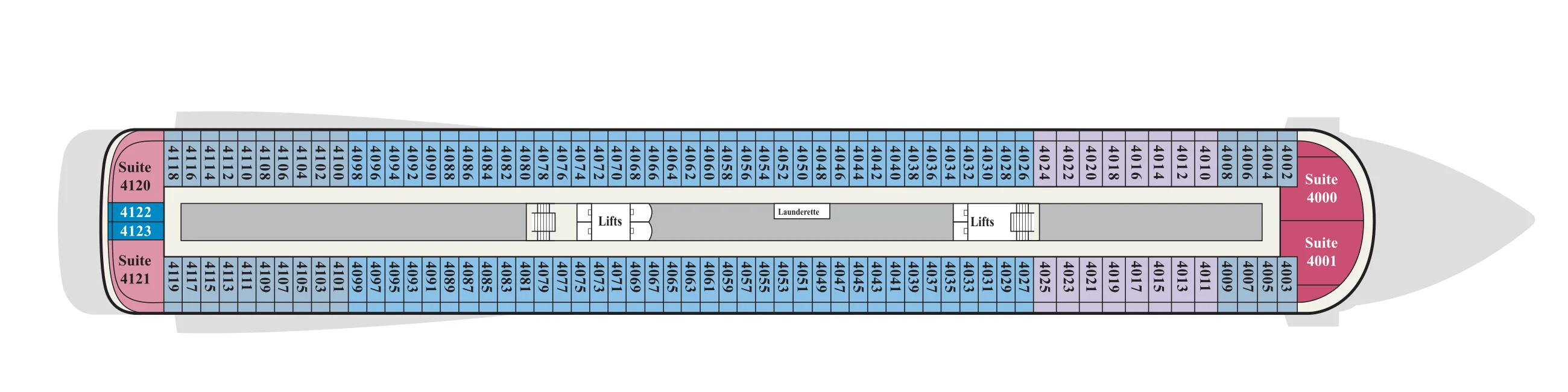 Deck 4 plan of Viking's 930-guest ships, showing staterooms 4000 to 4123 with suites at the bow and stern and a launderette