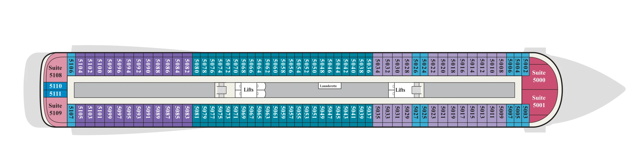 Deck 5 plan of Viking's 930-guest ships, showing staterooms 5000 to 5111 with suites at the bow and stern and a launderette