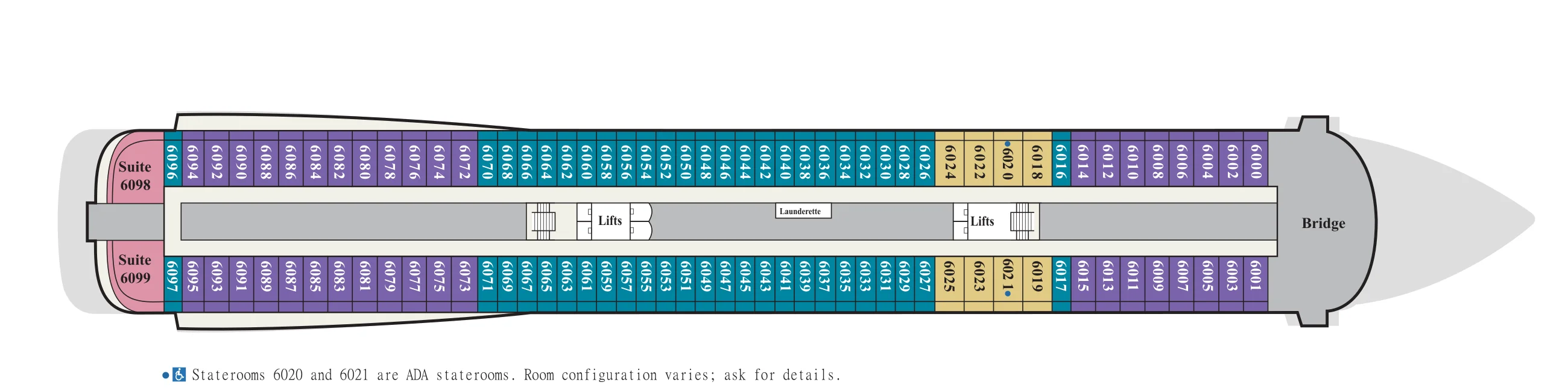 Deck 6 plan of Viking's 930-guest ships, showing staterooms 6000 to 6099 with suites at the stern, the bridge forward, and a note that staterooms 6020 and 6021 are ADA staterooms