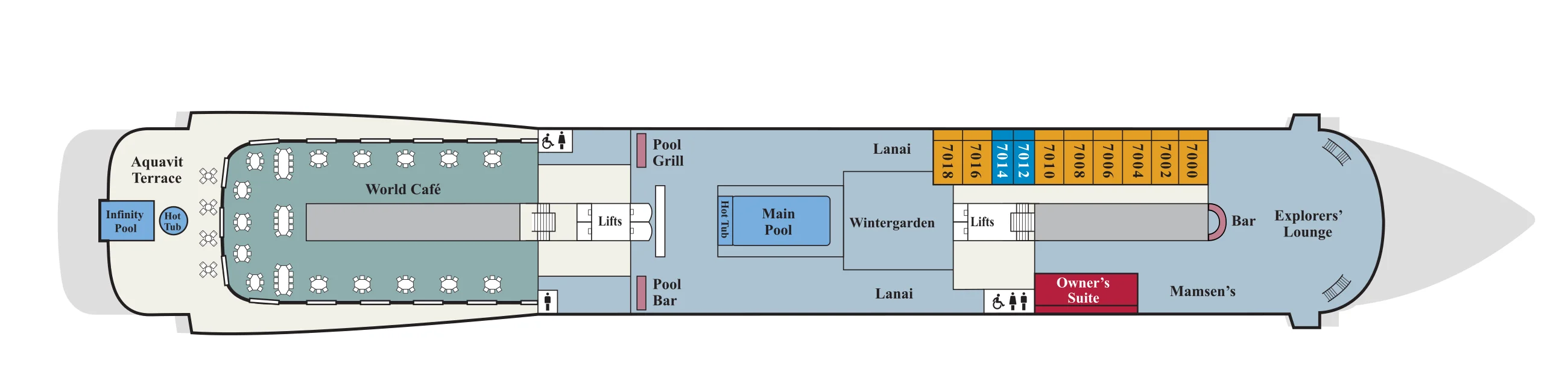 Deck 7 plan of Viking's 930-guest ships, showing the Infinity Pool, hot tub and Aquavit Terrace at the stern, the World Café, Pool Grill, Pool Bar, Main Pool and Wintergarden, staterooms 7000 to 7018, the Owner's Suite, Mamsen's and the Explorers' Lounge forward