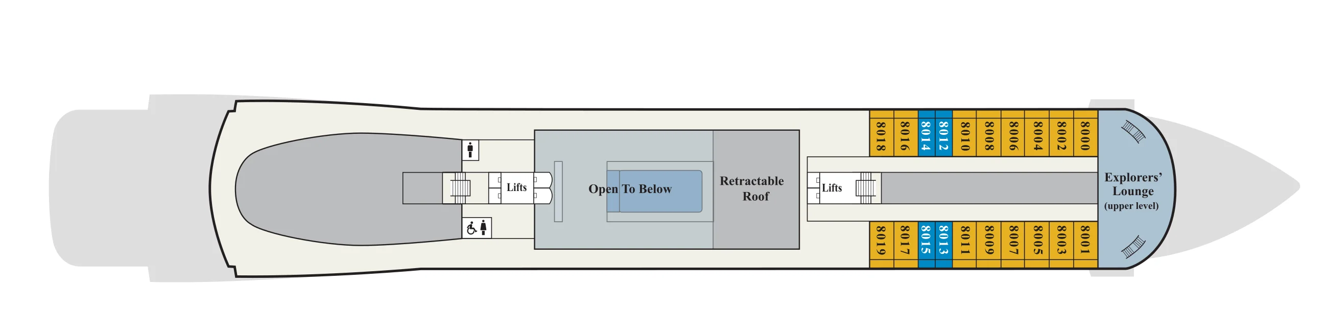 Deck 8 plan of Viking's 930-guest ships, showing the retractable roof over the Main Pool, staterooms 8000 to 8019 and the upper level of the Explorers' Lounge forward