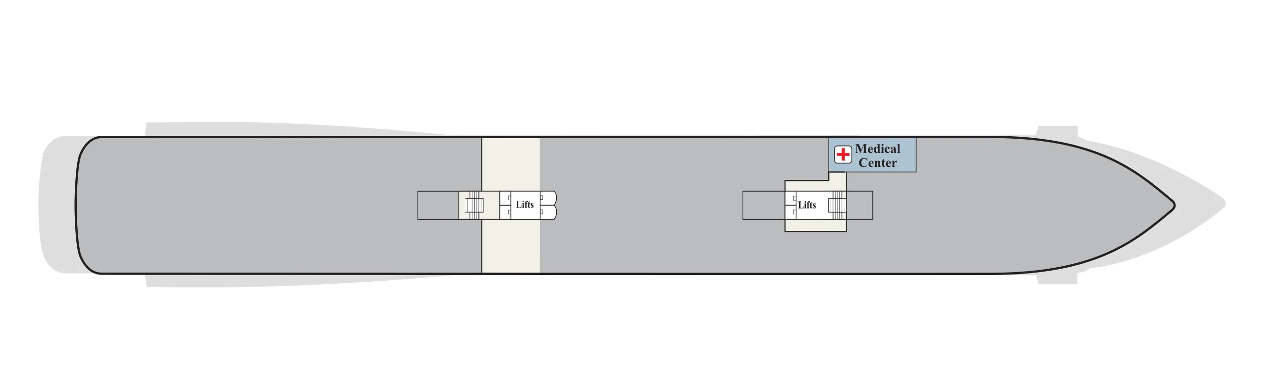 Deck A plan of Viking's 998-guest ships, showing the Medical Center forward