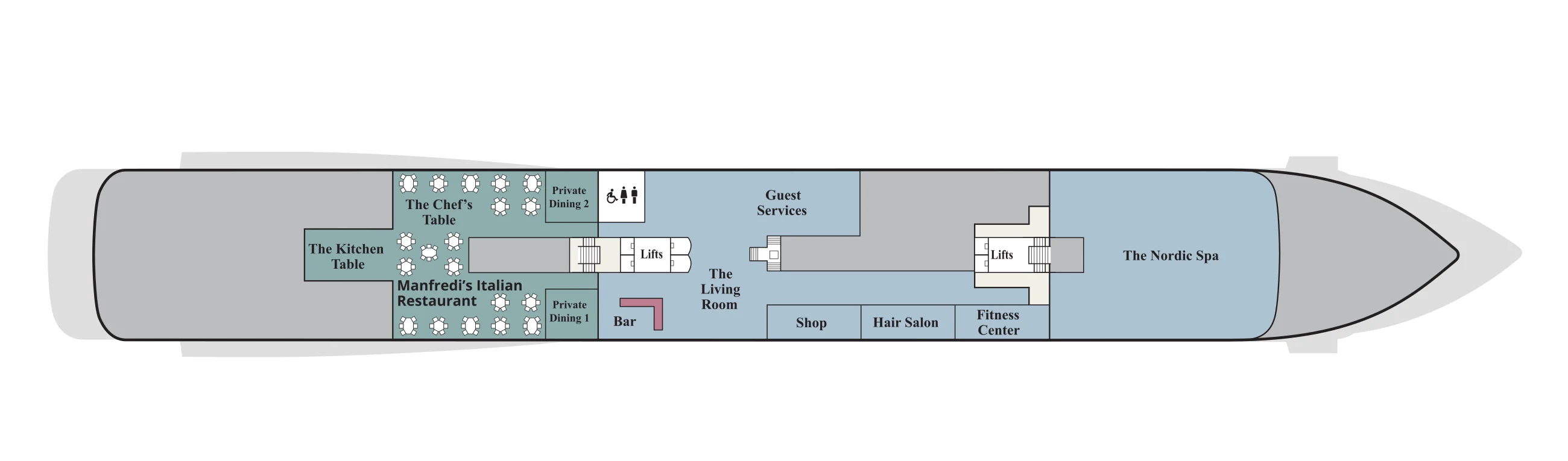 Deck 1 plan of Viking's 998-guest ships, showing The Kitchen Table, The Chef's Table and Manfredi's Italian Restaurant aft, The Living Room, bar, Guest Services, shop, hair salon and fitness center midship, and The Nordic Spa forward
