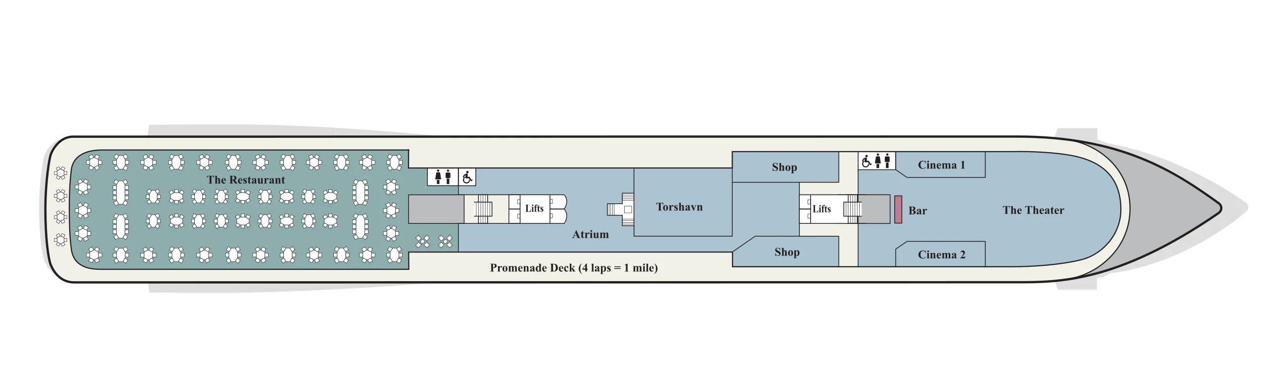 Deck 2 plan of Viking's 998-guest ships, showing The Restaurant aft, the Atrium and Torshavn midship, two shops, The Theater with Cinema 1 and Cinema 2 forward, and the Promenade Deck