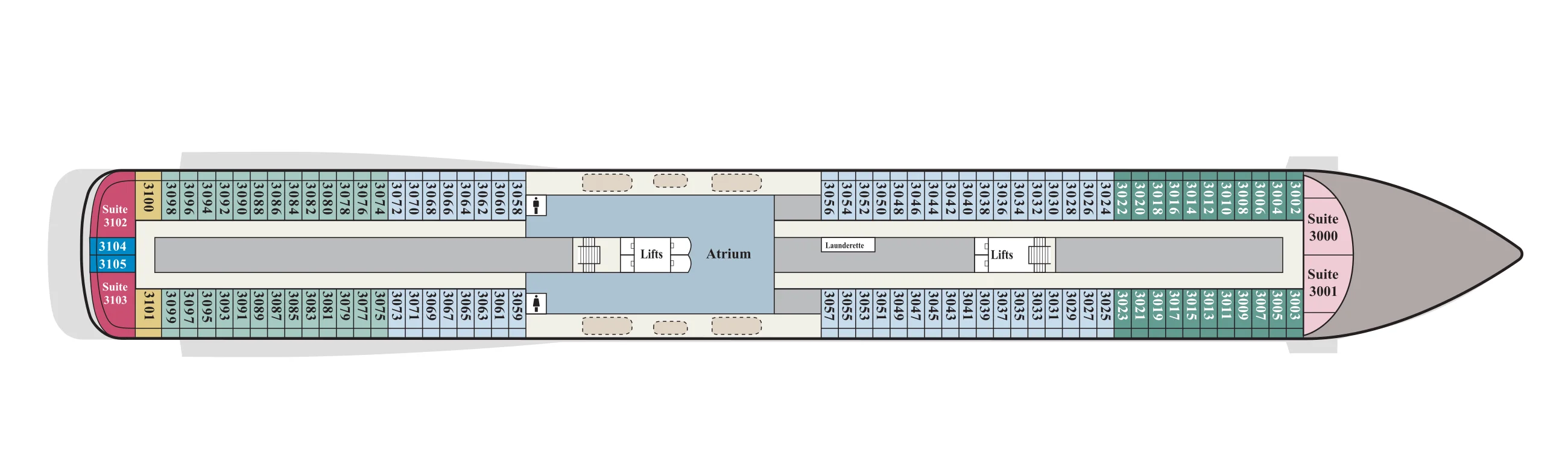 Deck 3 plan of Viking's 998-guest ships, showing staterooms 3000 to 3105 with suites at the bow and stern, the Atrium midship and a launderette