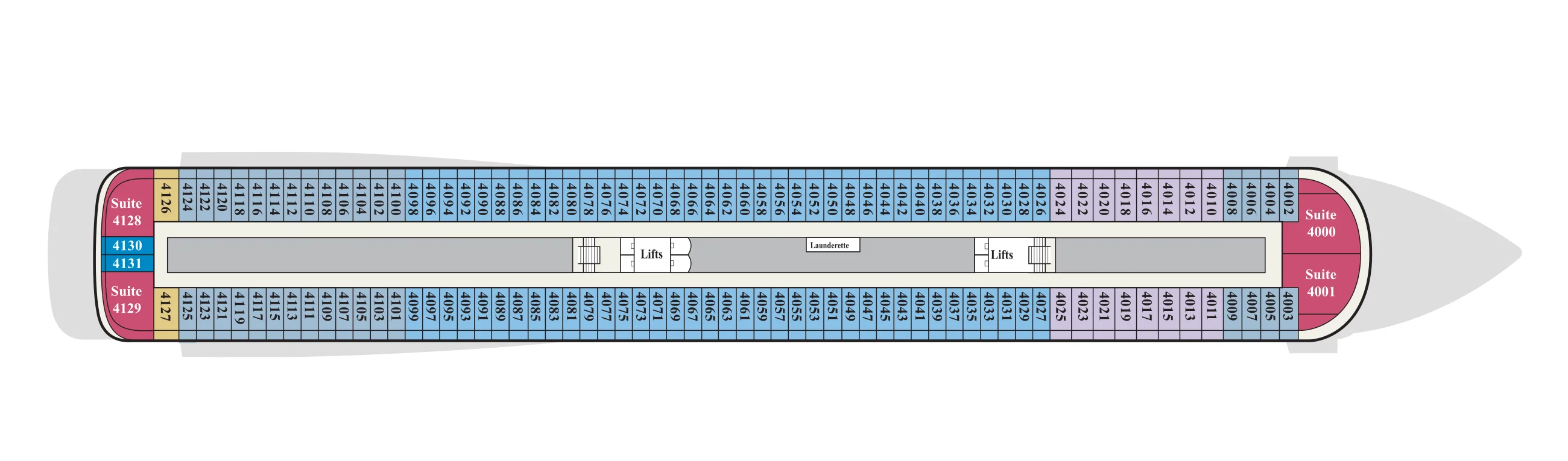 Deck 4 plan of Viking's 998-guest ships, showing staterooms 4000 to 4131 with suites at the bow and stern and a launderette