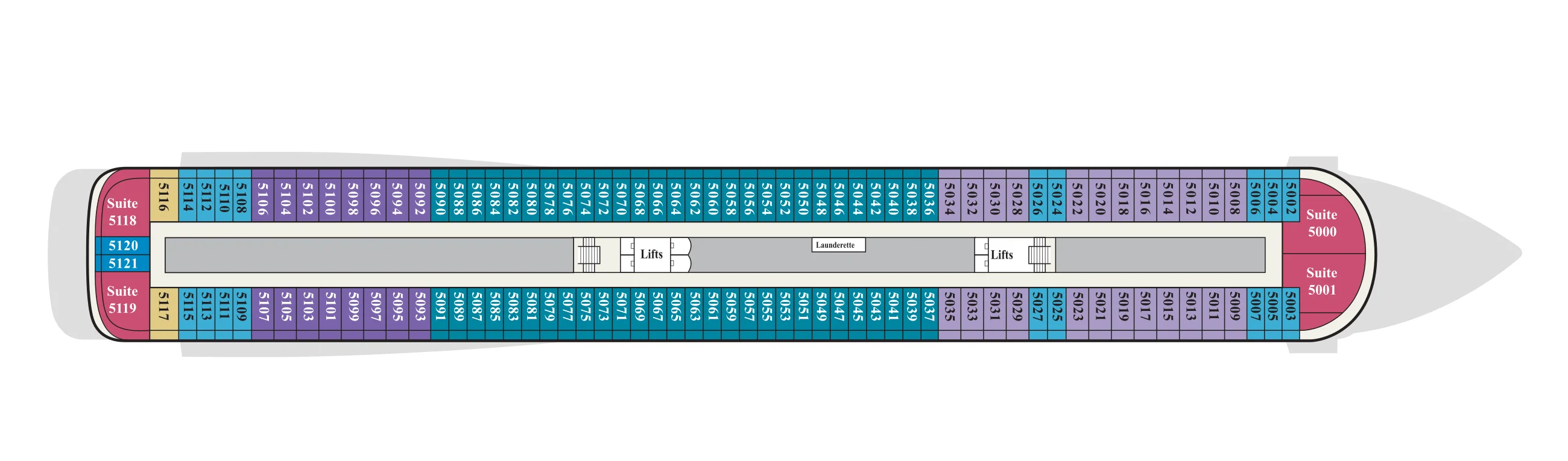 Deck 5 plan of Viking's 998-guest ships, showing staterooms 5000 to 5121 with suites at the bow and stern and a launderette