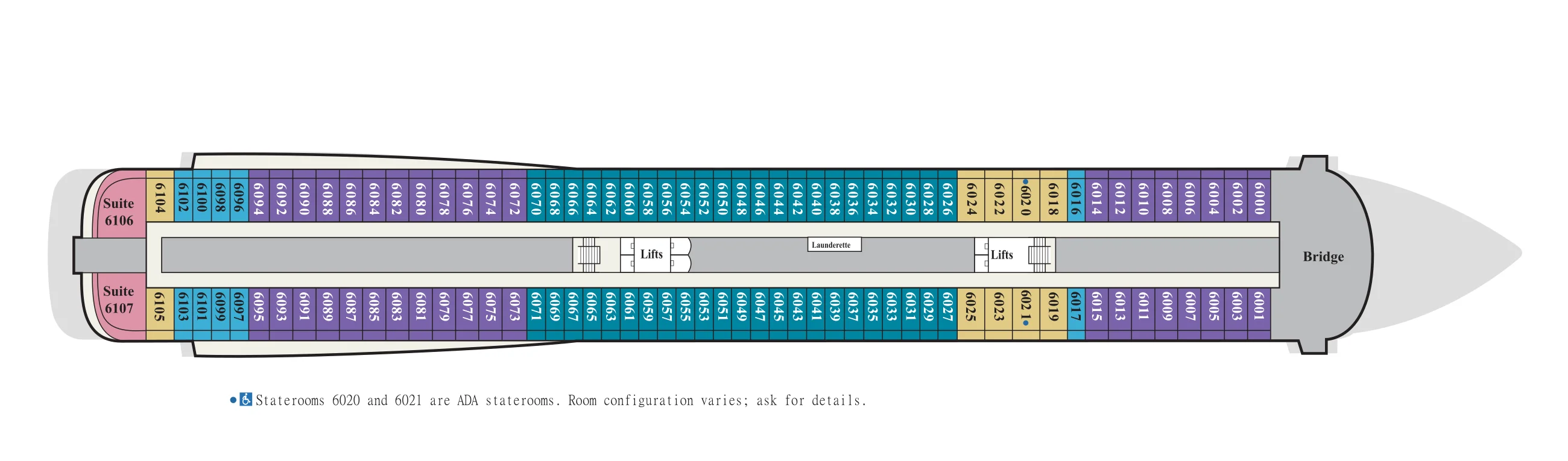 Deck 6 plan of Viking's 998-guest ships, showing staterooms 6000 to 6107 with suites at the stern, the bridge forward, and a note that staterooms 6020 and 6021 are ADA staterooms