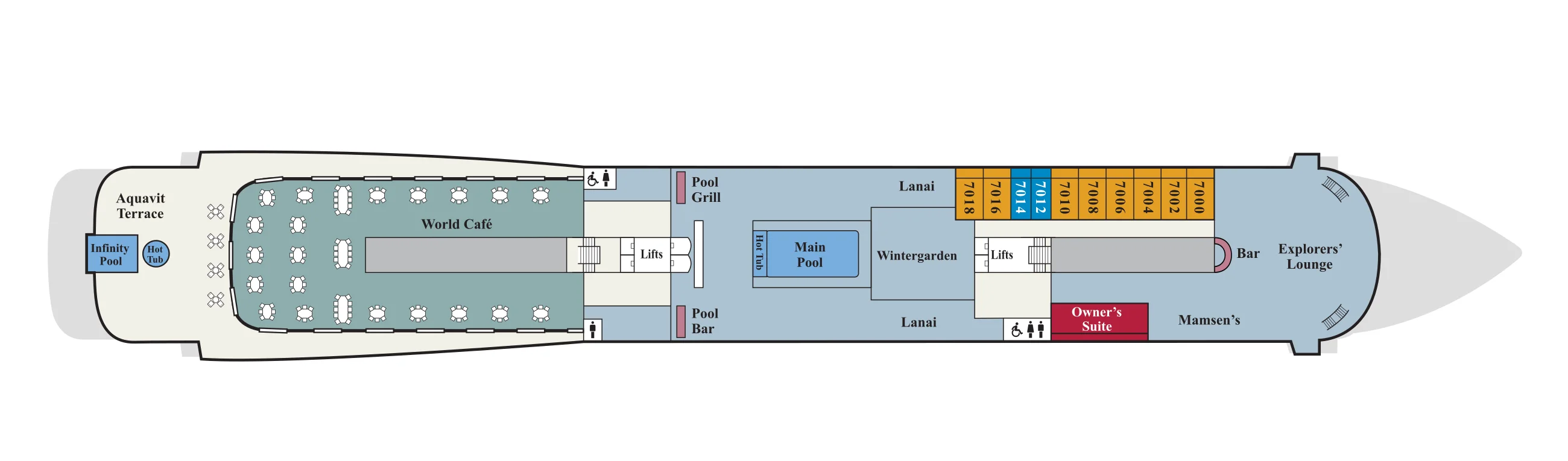 Deck 7 plan of Viking's 998-guest ships, showing the Infinity Pool, hot tub and Aquavit Terrace at the stern, the World Café, Pool Grill, Pool Bar, Main Pool and Wintergarden, staterooms 7000 to 7018, the Owner's Suite, Mamsen's and the Explorers' Lounge forward