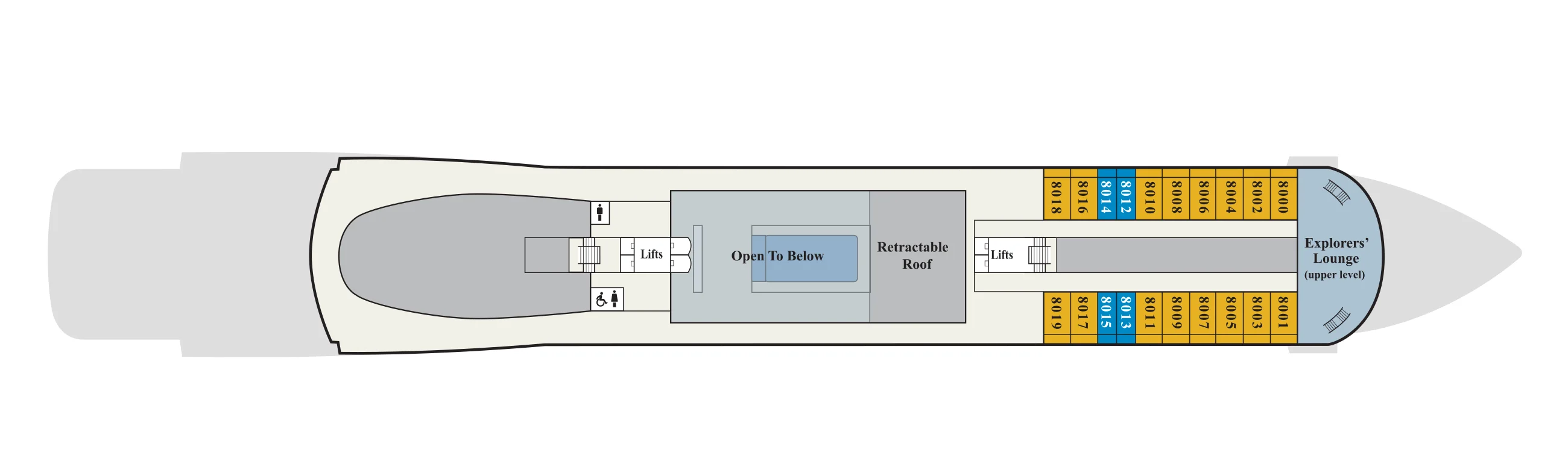 Deck 8 plan of Viking's 998-guest ships, showing the retractable roof over the Main Pool, staterooms 8000 to 8019 and the upper level of the Explorers' Lounge forward