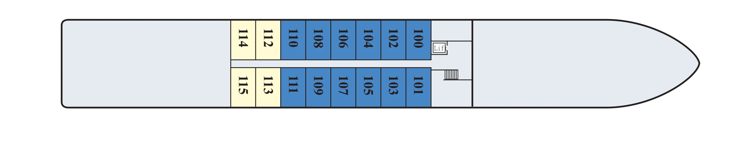 Main Deck plan of a Viking Douro ship, showing staterooms 100 to 115 and the lift forward of them