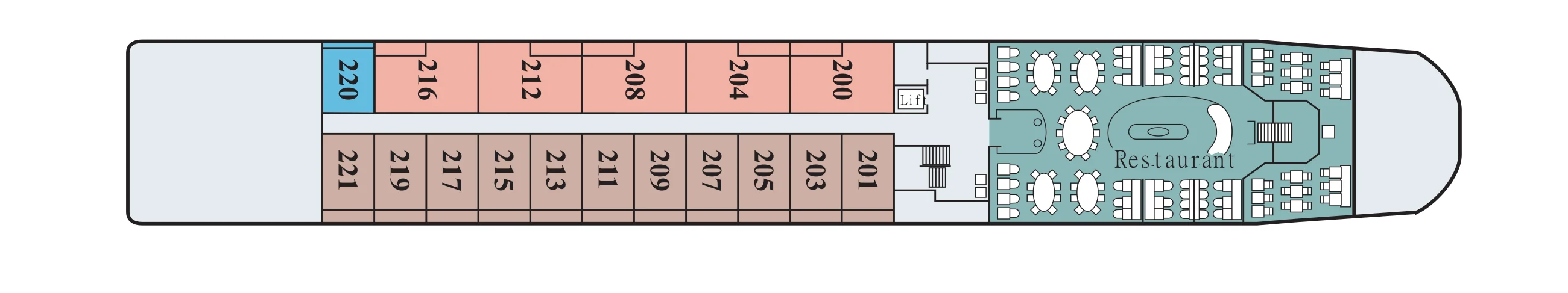 Middle Deck plan of a Viking Douro ship, showing staterooms 200 to 221 aft and the Restaurant forward