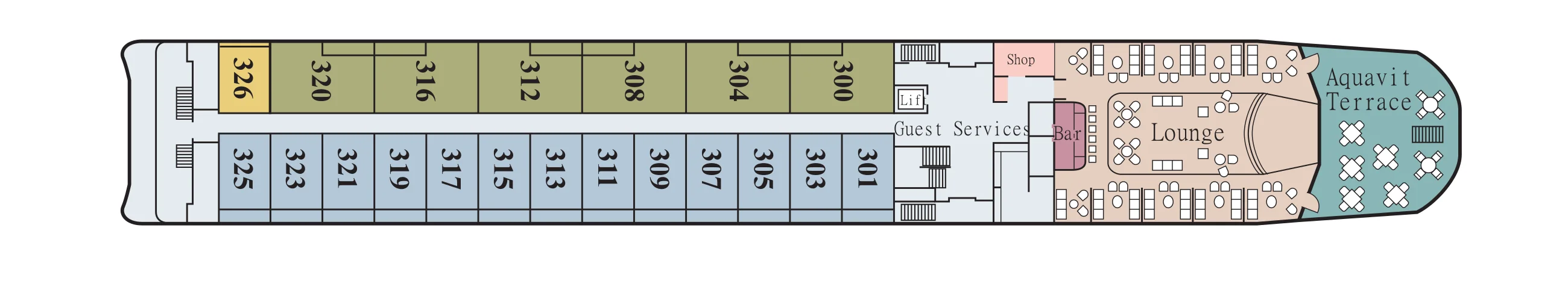 Upper Deck plan of a Viking Douro ship, showing staterooms 300 to 326 aft, Guest Services and the shop amidships, the Lounge and bar, and the Aquavit Terrace at the bow