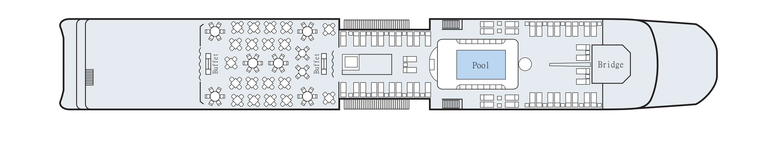 Sun Deck plan of a Viking Douro ship, showing a dining area with two buffets aft, loungers, the pool amidships and the bridge forward