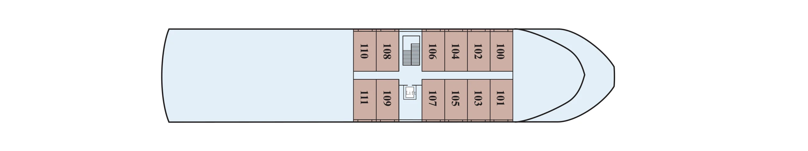 Main Deck plan of a Viking Egypt ship, showing Standard Staterooms 100 to 111 around the stairs and lift