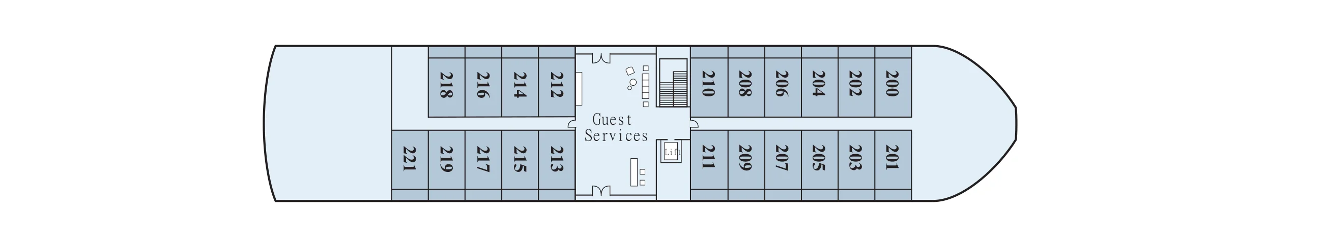 Middle Deck plan of a Viking Egypt ship, showing Veranda Staterooms 200 to 221 either side of Guest Services