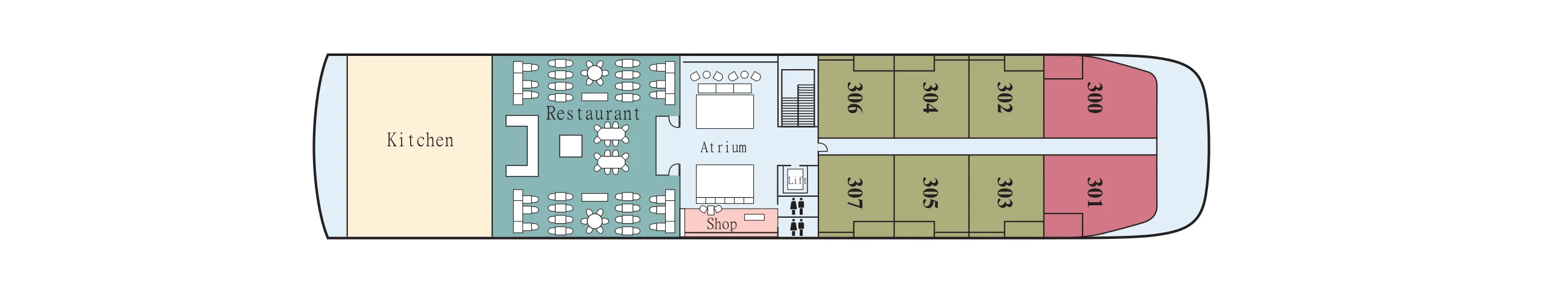 Upper Deck plan of a Viking Egypt ship, showing the kitchen and Restaurant aft, the Atrium and shop amidships, Veranda Suites 302 to 307 and Explorer Suites 300 and 301 forward
