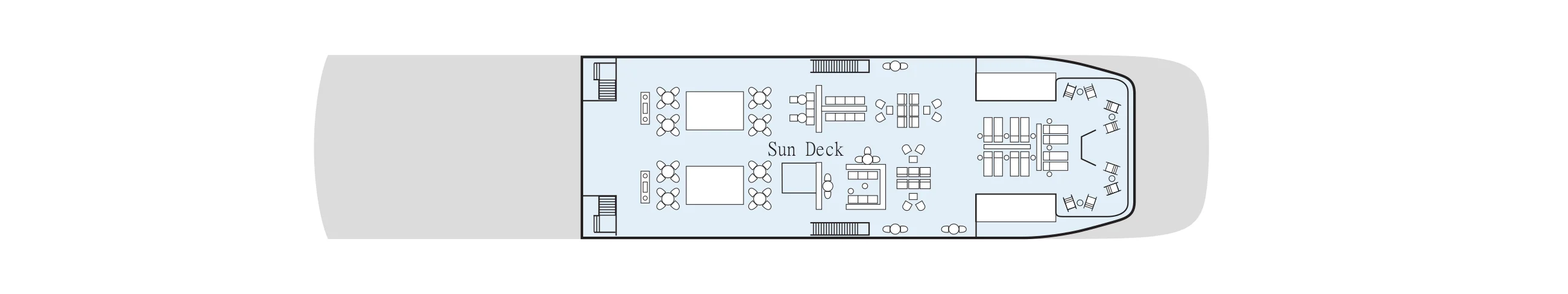 Sun Deck plan of a Viking Egypt ship, showing shaded tables, loungers and seating at the bow