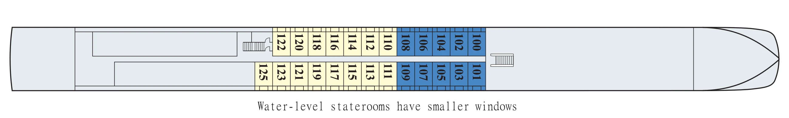 Main Deck plan of a Viking Longship, showing Standard Staterooms 100 to 125 at water level, with the note that water-level staterooms have smaller windows