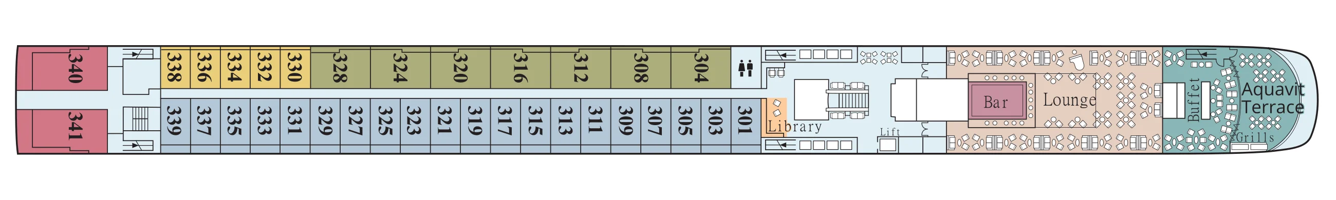 Upper Deck plan of a Viking Longship, showing Explorer Suites 340 and 341 at the stern, Veranda Suites and staterooms 301 to 338, the Library, the Lounge and bar, and the Aquavit Terrace at the bow