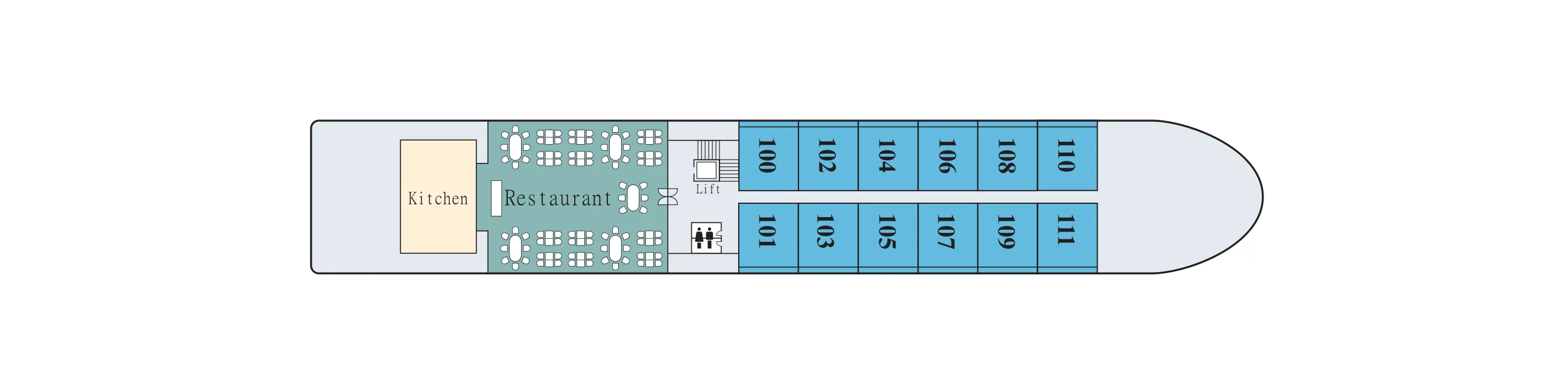 Main Deck plan of Viking Saigon, showing the kitchen and Restaurant aft and French Balcony Staterooms 100 to 111 forward