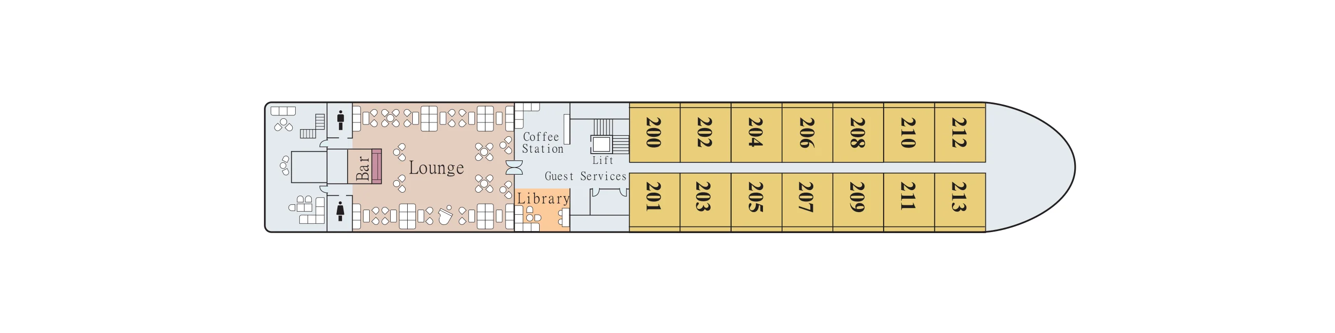 Middle Deck plan of Viking Saigon, showing the Lounge and bar aft, the coffee station, Library and Guest Services, and French Balcony Staterooms 200 to 213 forward