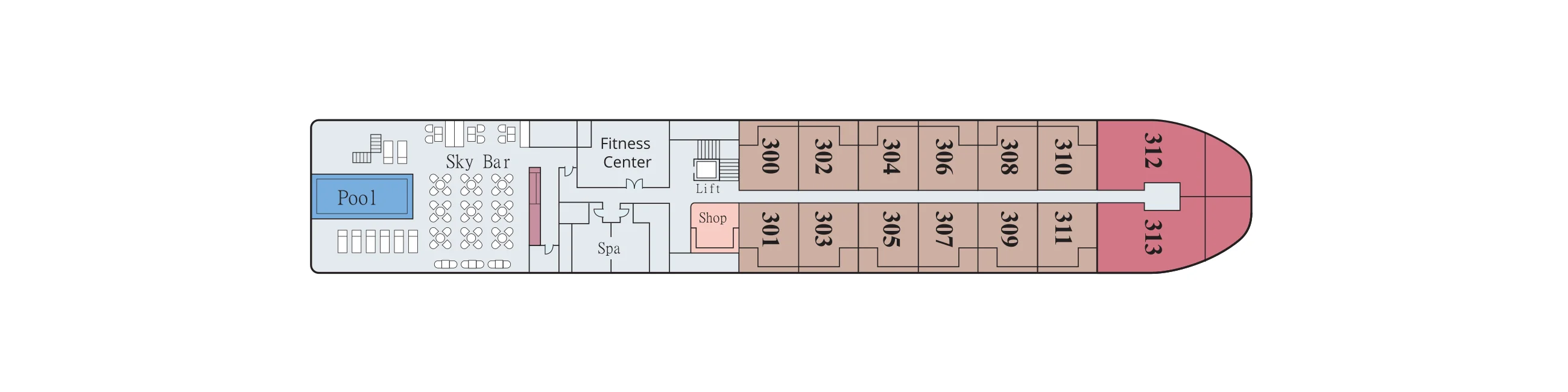 Upper Deck plan of Viking Saigon, showing the pool and Sky Bar aft, the Fitness Center, Spa and shop, Veranda Staterooms 300 to 311 and Explorer Suites 312 and 313 at the bow