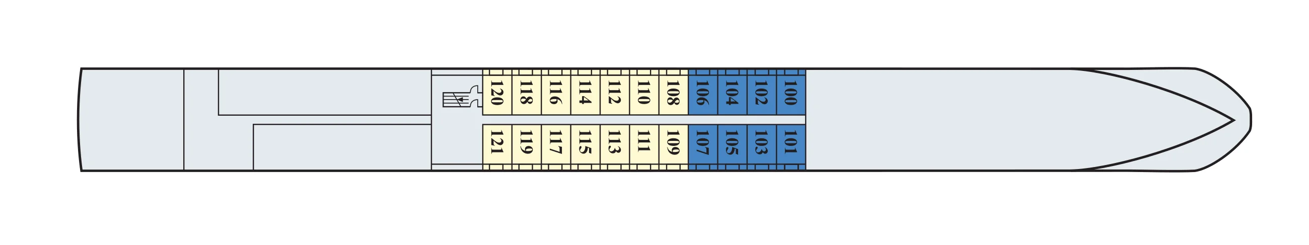 Main Deck plan of a Viking Seine ship, showing Standard Staterooms 100 to 121