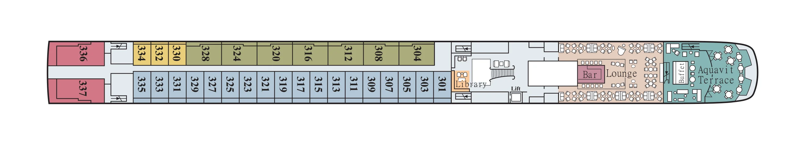 Upper Deck plan of a Viking Seine ship, showing Explorer Suites 336 and 337 at the stern, staterooms 301 to 335, the Library, the Lounge and bar, and the Aquavit Terrace at the bow