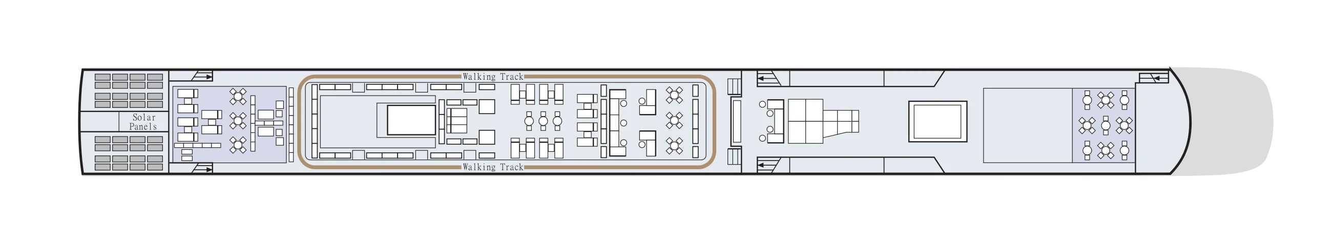 Sun Deck plan of a Viking Seine ship, showing the walking track around the seating, shaded tables forward and solar panels at the stern