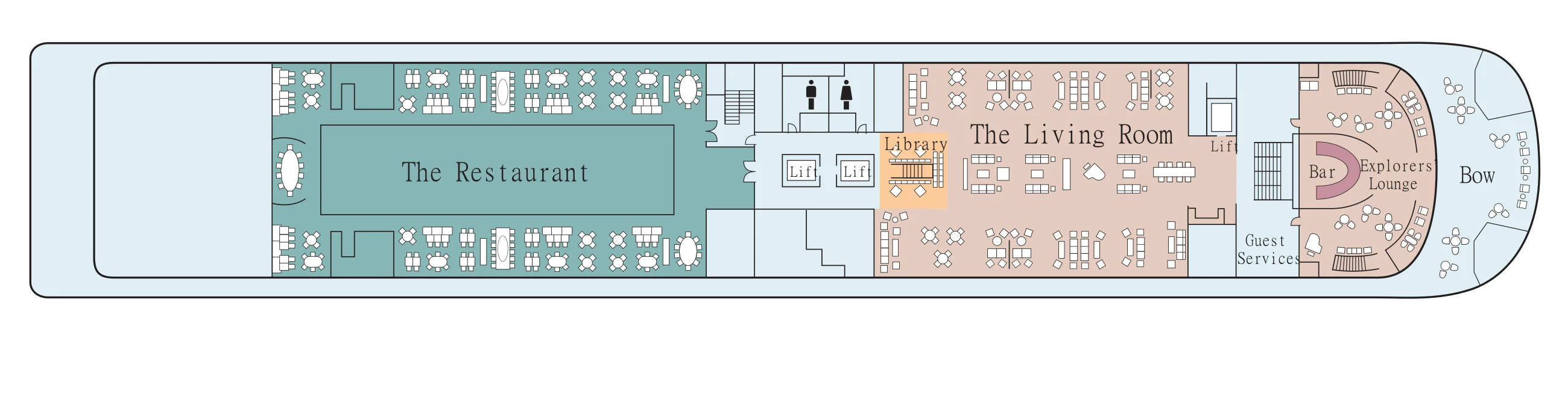 Deck 1 plan of Viking Mississippi, showing The Restaurant aft, the lifts, The Living Room with the Library, Guest Services, the Explorers' Lounge and bar, and the Bow seating forward