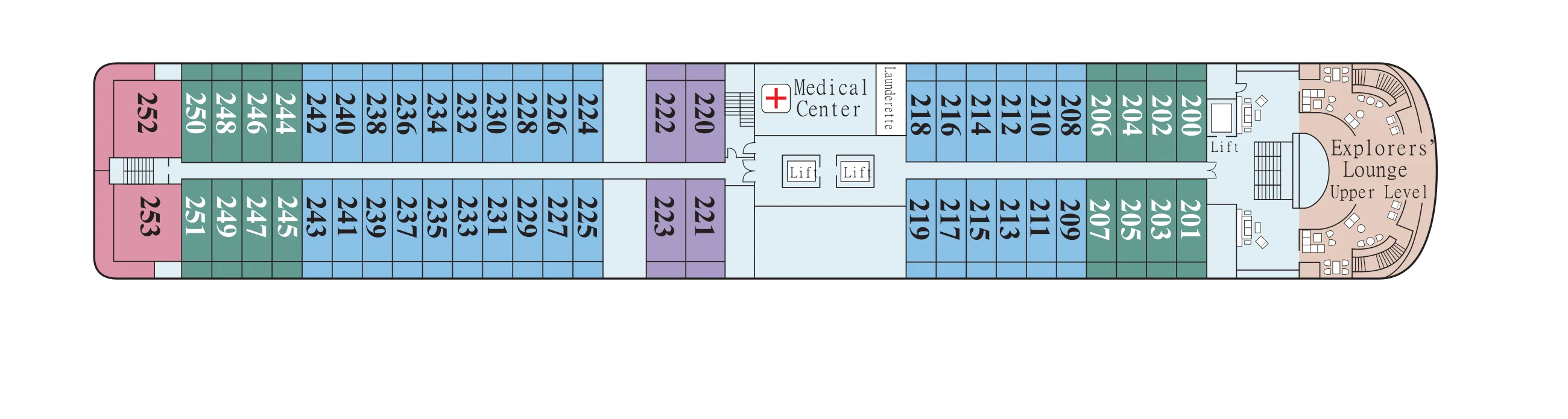 Deck 2 plan of Viking Mississippi, showing staterooms 200 to 253 with Explorer Suites 252 and 253 at the stern, the Medical Center and launderette amidships, and the upper level of the Explorers' Lounge forward
