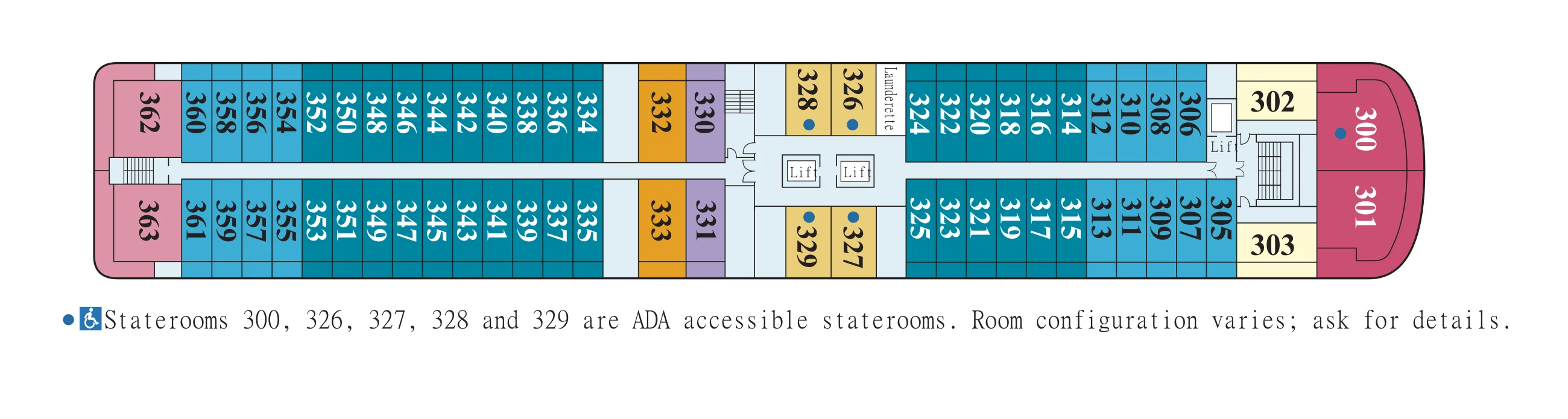 Deck 3 plan of Viking Mississippi, showing staterooms 300 to 363 with Explorer Suites at both ends, and the note that staterooms 300 and 326 to 329 are ADA accessible