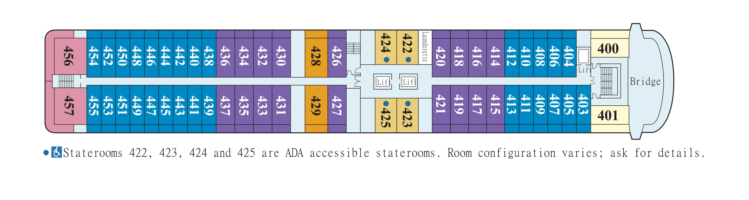 Deck 4 plan of Viking Mississippi, showing staterooms 400 to 457 with Explorer Suites 456 and 457 at the stern, the bridge forward, and the note that staterooms 422 to 425 are ADA accessible