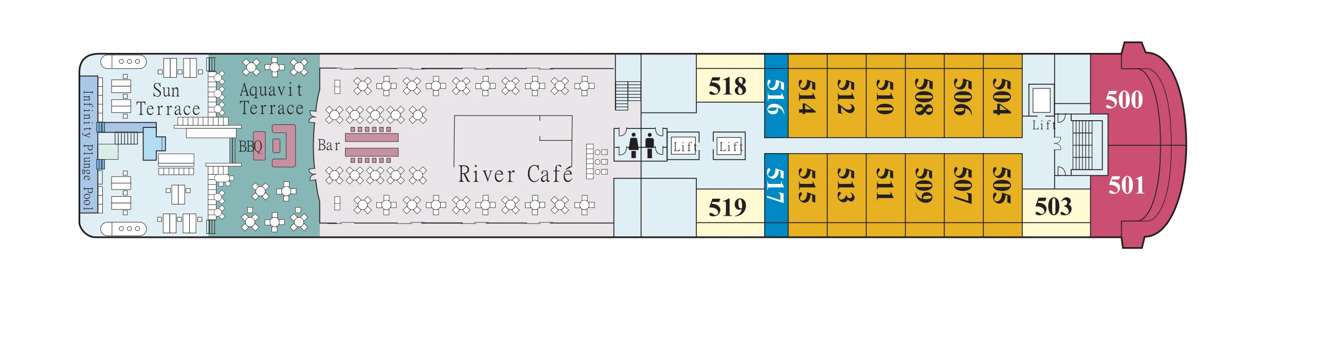 Deck 5 plan of Viking Mississippi, showing the Infinity Plunge Pool and Sun Terrace at the stern, the Aquavit Terrace with its barbecue, the River Café and bar, staterooms 503 to 519 and Explorer Suites 500 and 501 forward